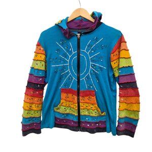Rising International Rainbow Colors Zip Up Hoodie Boho Hippie Large